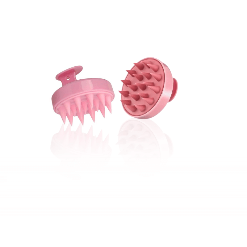 Brosse de massage rose pour cuir chevelu, stimule circulation et pousse des cheveux crépus bouclés.