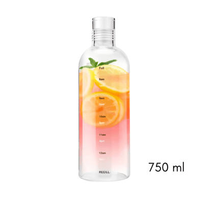 Gourde graduée de 750 ml avec infusion de citron et herbes, design fonctionnel et message motivant.