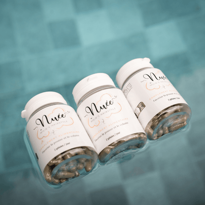 Cure de vitamines Nuée : 3 flacons de capsules végétales pour la santé des cheveux, fabriqué en France, vegan.